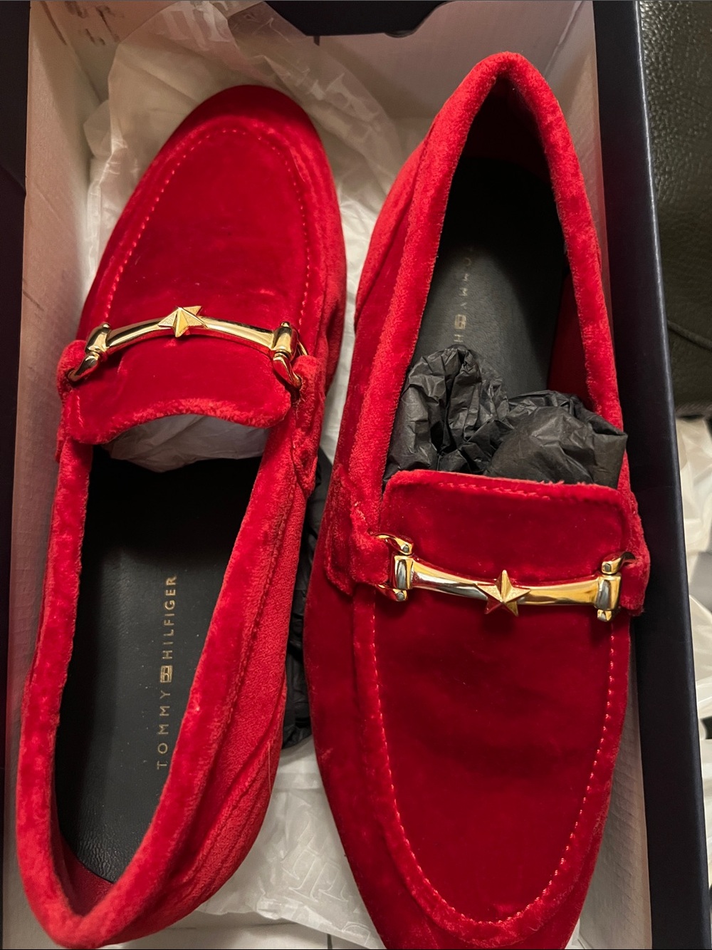 Tommy Hilfiger Red Suede Slip-On Loafers with Gold Accent